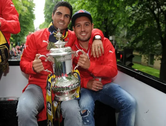 Framed Print : Arsenal's Mikel Arteta and Santi Cazorla: FA Cup Victory Celebration, 2015