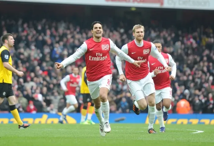 Framed Print : Arsenal's Mikel Arteta Scores Fifth Goal in Emirates Thriller: Arsenal vs. Blackburn Rovers, Premier League 2011-12