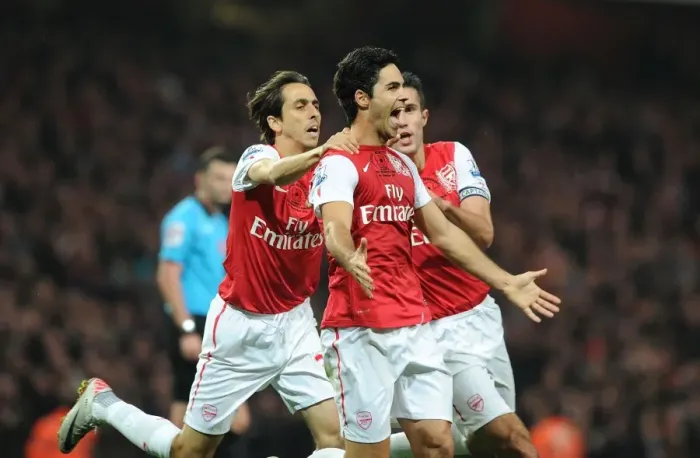 Framed Print : Arsenal's Mikel Arteta, Yossi Benayoun, and Robin van Persie Celebrate Goals Against West Bromwich Albion (2011-12) Framed Print : Arsenal's Mikel Arteta, Yossi Benayoun, and Robin van Persie Celebrate Goals Against West Bromwich Albion (2011-12)