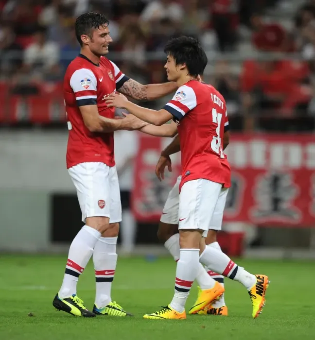 Framed Print : Arsenal's Miyaichi and Giroud Celebrate Goals in Nagoya Grampus Match, 2013 Framed Print : Arsenal's Miyaichi and Giroud Celebrate Goals in Nagoya Grampus Match, 2013