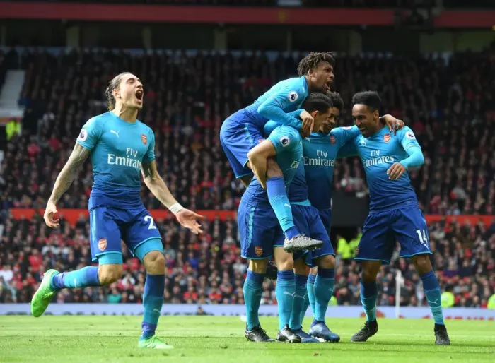 Framed Print : Arsenal's Mkhitaryan, Aubameyang, Xhaka, Iwobi, and Bellerin Celebrate Goal Against Manchester United