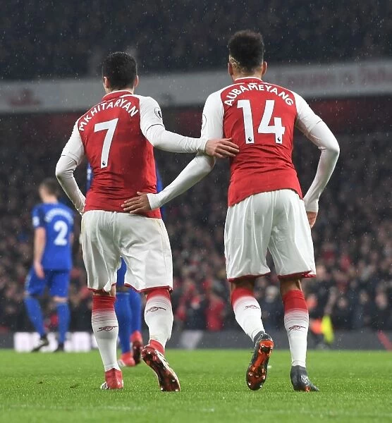 Arsenal's Mkhitaryan and Aubameyang in Action against Everton, Premier League 2017-18