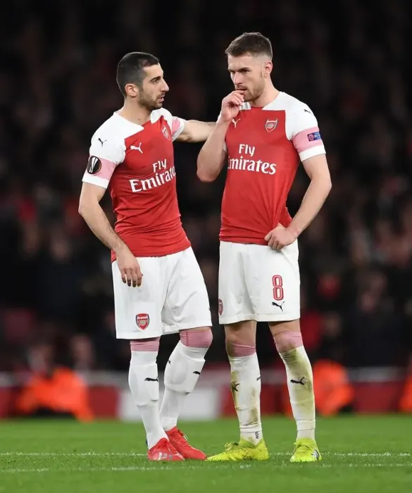 Framed Print : Arsenal's Mkhitaryan and Ramsey in Action against Stade Rennais in Europa League Clash Framed Print : Arsenal's Mkhitaryan and Ramsey in Action against Stade Rennais in Europa League Clash