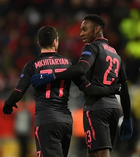 Arsenal's Mkhitaryan and Welbeck Celebrate Goals Against Ostersunds in Europa League