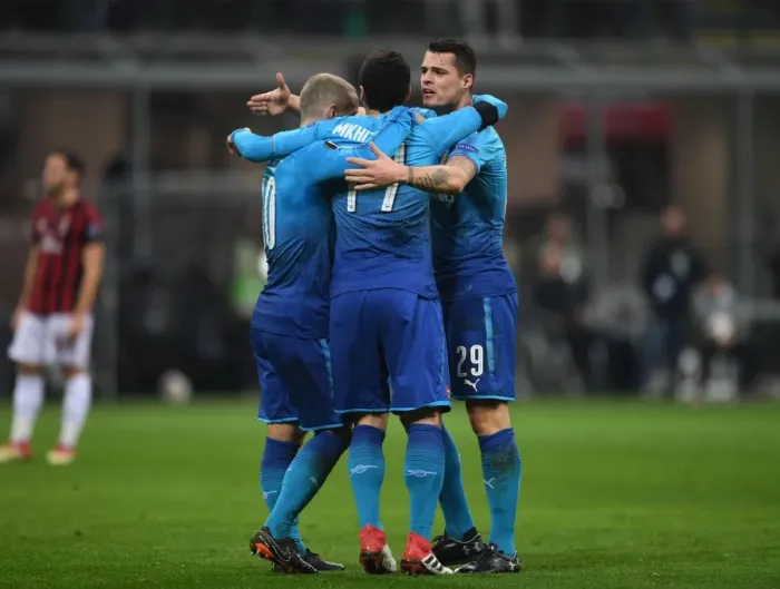 Framed Print : Arsenal's Mkhitaryan, Wilshere, and Xhaka Celebrate Goal Against AC Milan in Europa League