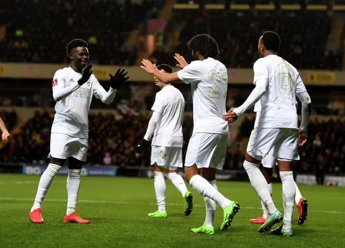 Framed Print : Arsenal's Mo Elneny and Bukayo Saka Celebrate First Goal in FA Cup Third Round Clash vs. Oxford United