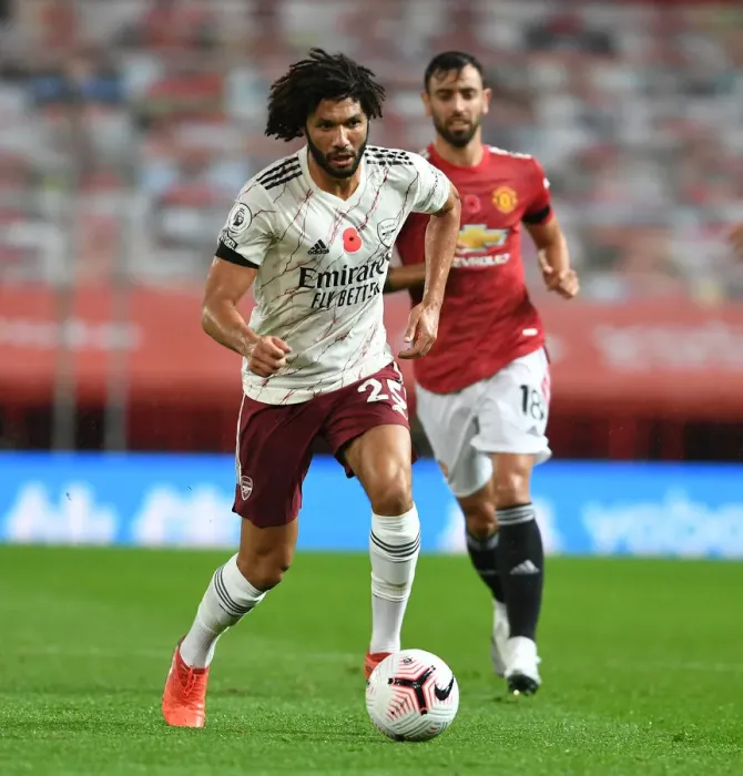 Framed Print : Arsenal's Mo Elneny at Empty Old Trafford: 2020-21 Premier League Clash Between Manchester United and Arsenal