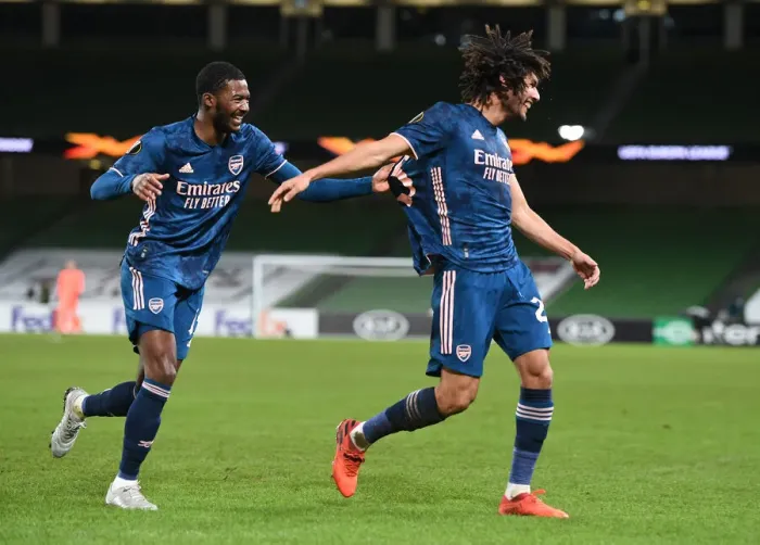 Framed Print : Arsenal's Mohamed Elneny and Ainsley Maitland-Niles Celebrate Goals against Dundalk in Europa League Framed Print : Arsenal's Mohamed Elneny and Ainsley Maitland-Niles Celebrate Goals against Dundalk in Europa League