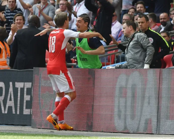Framed Print : Arsenal's Monreal and Bellerin Celebrate Goal in FA Cup Semi-Final vs. Manchester City