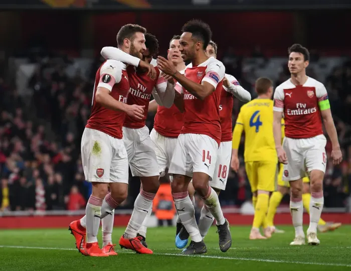 Framed Print : Arsenal's Mustafi and Aubameyang: Celebrating a Europa League Goal