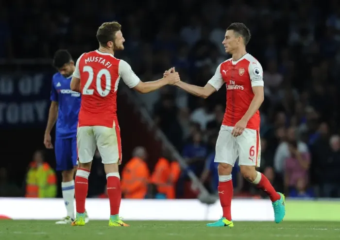 Framed Print : Arsenal's Mustafi and Koscielny in Action: Arsenal vs. Chelsea (2016-17)
