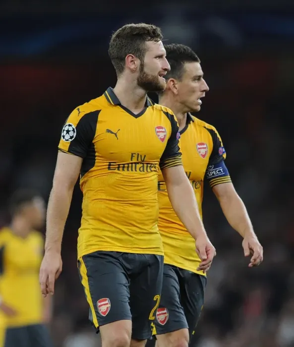 Framed Print : Arsenal's Mustafi and Koscielny in Action: Arsenal vs FC Basel (2016-17)