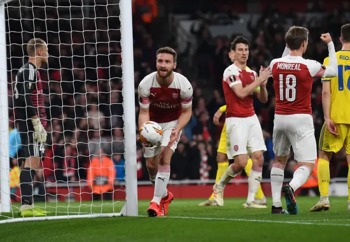 Framed Print : Arsenal's Mustafi Scores in Europa League Victory over BATE Borisov