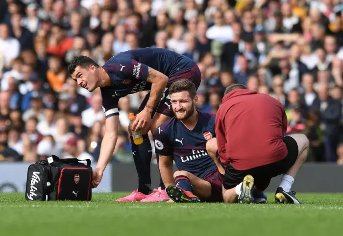 Framed Print : Arsenal's Mustafi and Xhaka: A Moment of Relief Amidst the Intensity of Fulham vs. Arsenal (2018-19) Framed Print : Arsenal's Mustafi and Xhaka: A Moment of Relief Amidst the Intensity of Fulham vs. Arsenal (2018-19)