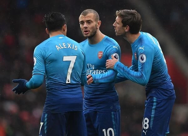 Arsenal's Nacho Monreal, Jack Wilshere, and Alexis Sanchez in Action against Southampton (2017-18)