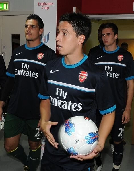 Arsenal's Nasri, Mannone, and Jenkinson Prepare for Arsenal v Boca Juniors at Emirates Stadium (2011-12)