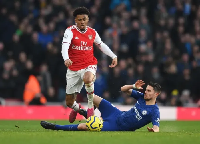 Framed Print : Arsenal's Nelson Clashes with Chelsea's Jorginho: A Premier League Showdown at Emirates Stadium (December 2019)