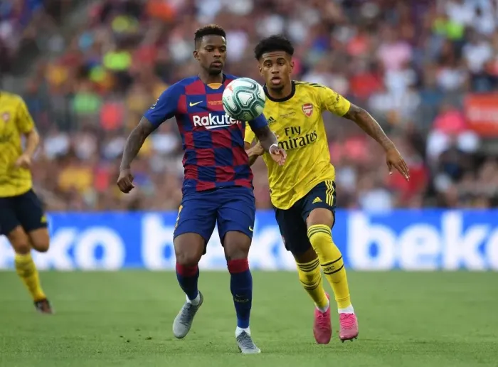 Framed Print : Arsenal's Nelson Clashes with Semedo in FC Barcelona Pre-Season Friendly Framed Print : Arsenal's Nelson Clashes with Semedo in FC Barcelona Pre-Season Friendly