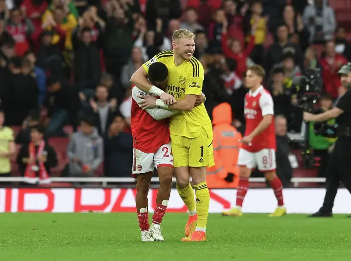 Framed Print : Arsenal's Nelson and Ramsdale Celebrate Victory Over Nottingham Forest in 2022-23 Premier League