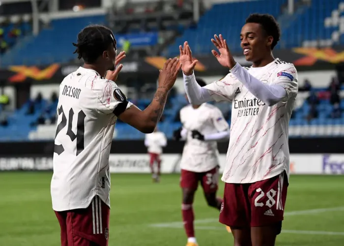 Framed Print : Arsenal's Nelson and Willock Celebrate Goals in Molde FK Victory, Europa League 2020-21 Framed Print : Arsenal's Nelson and Willock Celebrate Goals in Molde FK Victory, Europa League 2020-21