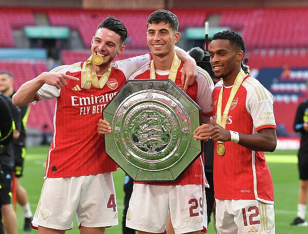 Arsenal's New Signings Rice, Havertz, and Timber Celebrate Community Shield Victory over Manchester City