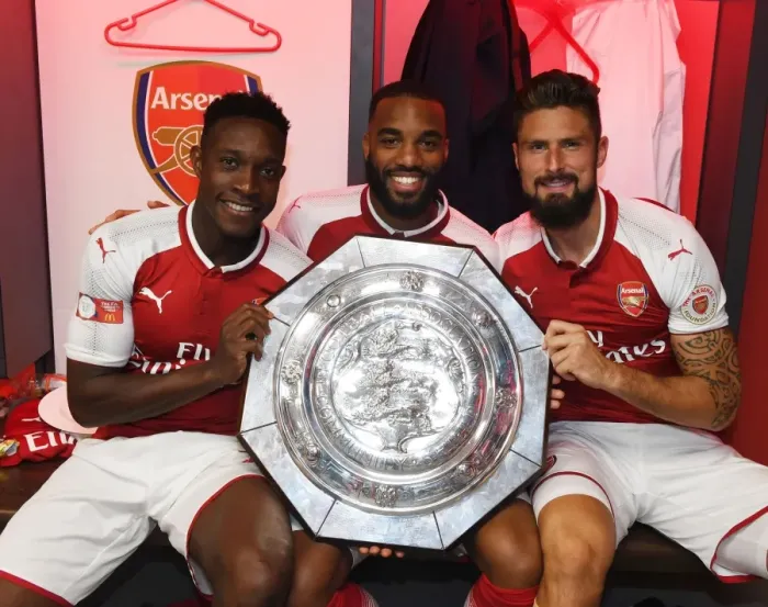 Framed Print : Arsenal's New Strikers Celebrate FA Community Shield Victory: Welbeck, Lacazette, and Giroud