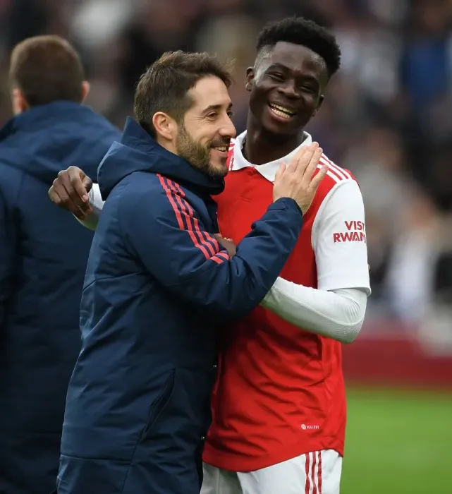 Framed Print : Arsenal's Nico Jover and Bukayo Saka: Victory Celebration vs Leeds United, April 2023