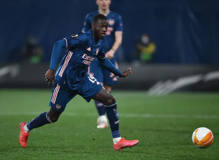 Framed Print : Arsenal's Nicolas Pepe in Action: UEFA Europa League Semi-Final vs Villarreal (2020-21) - Empty Estadio de la Ceramica