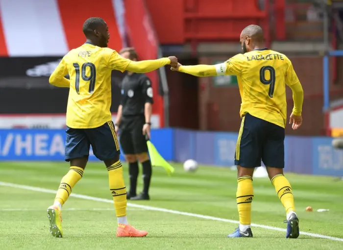 Framed Print : Arsenal's Nicolas Pepe and Alexandre Lacazette Celebrate Goal in FA Cup Quarterfinal vs Sheffield United