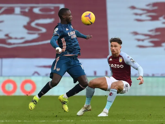 Framed Print : Arsenal's Nicolas Pepe Fends Off Aston Villa's Mathew Cash in Intense Premier League Clash