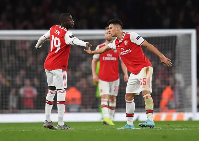 Framed Print : Arsenal's Nicolas Pepe and Gabriel Martinelli Celebrate Goals vs Vitoria Guimaraes, UEFA Europa League 2019-20