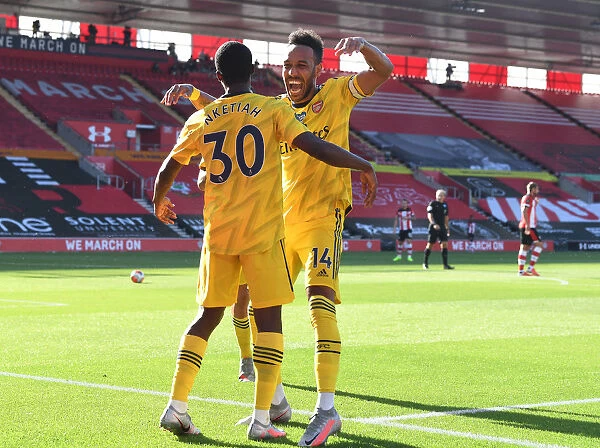 Arsenal's Nketiah and Aubameyang Celebrate Goal Against Southampton (2019-20)