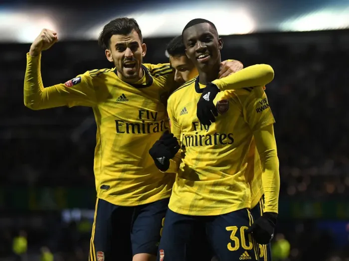 Framed Print : Arsenal's Nketiah and Ceballos Celebrate Double Strike Against Portsmouth in FA Cup Fifth Round Framed Print : Arsenal's Nketiah and Ceballos Celebrate Double Strike Against Portsmouth in FA Cup Fifth Round