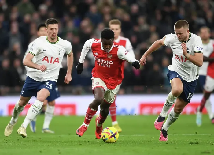 Framed Print : Arsenal's Nketiah Clashes with Tottenham's Lenglet and Dier in Premier League Showdown