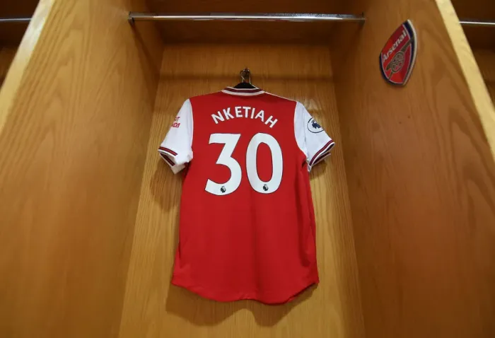 Framed Print : Arsenal's Nketiah Dons Premiere League Jersey Before Arsenal vs West Ham United