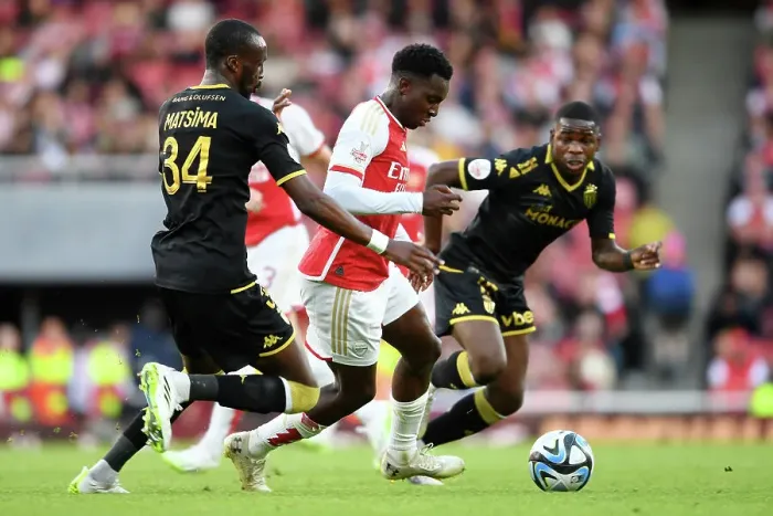 Framed Print : Arsenal's Nketiah Faces Off Against AS Monaco's Matsima in 2023-24 Emirates Cup Clash