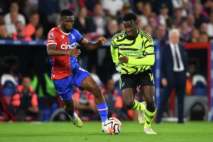 Framed Print : Arsenal's Nketiah Faces Pressure from Crystal Palace's Lerma in Premier League Clash