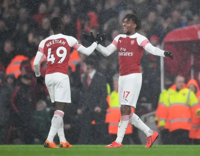 Framed Print : Arsenal's Nketiah and Iwobi Celebrate after Arsenal FC vs Manchester United, Premier League 2018-19
