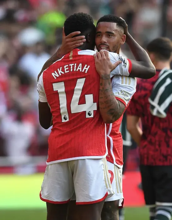 Framed Print : Arsenal's Nketiah and Jesus Celebrate Victory Over Manchester United in 2023-24 Premier League Framed Print : Arsenal's Nketiah and Jesus Celebrate Victory Over Manchester United in 2023-24 Premier League