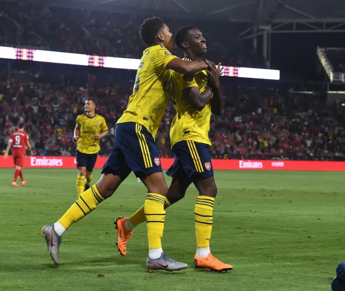 Framed Print : Arsenal's Nketiah and John-Jules: Celebrating Goals Against FC Bayern Munich in 2019 International Champions Cup