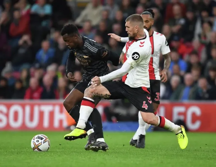 Framed Print : Arsenal's Nketiah Outsmarts Southampton's Lyanco: A Premier League Showdown Framed Print : Arsenal's Nketiah Outsmarts Southampton's Lyanco: A Premier League Showdown