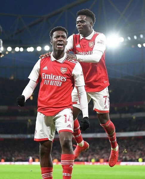 Arsenal's Nketiah and Saka Celebrate Goal Against Manchester United (2022-23)