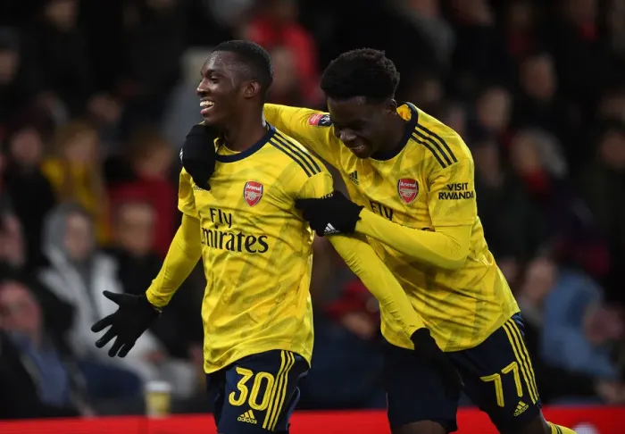 Framed Print : Arsenal's Nketiah and Saka Celebrate Goals in FA Cup Fourth Round Win over Bournemouth Framed Print : Arsenal's Nketiah and Saka Celebrate Goals in FA Cup Fourth Round Win over Bournemouth