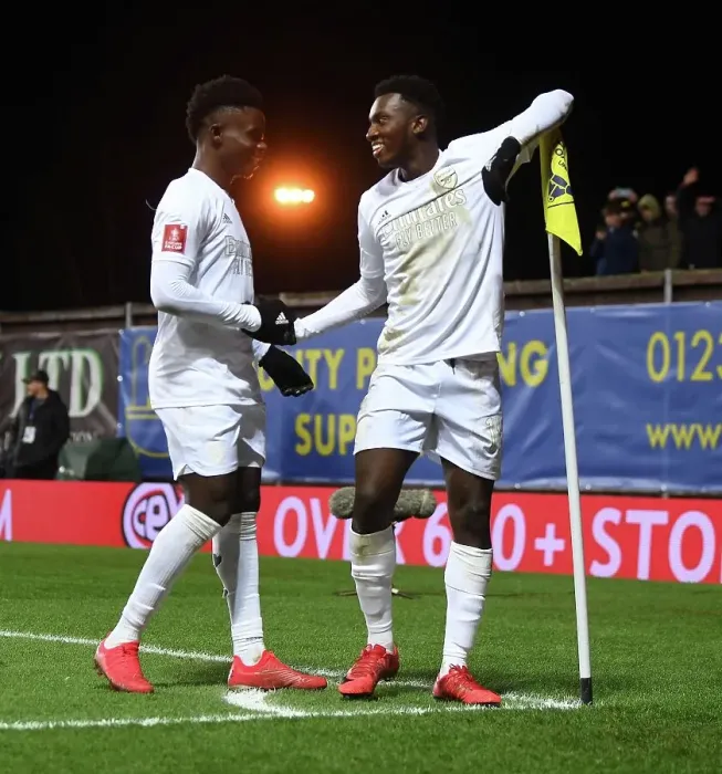 Framed Print : Arsenal's Nketiah and Saka: Celebrating Goals in FA Cup Victory over Oxford United