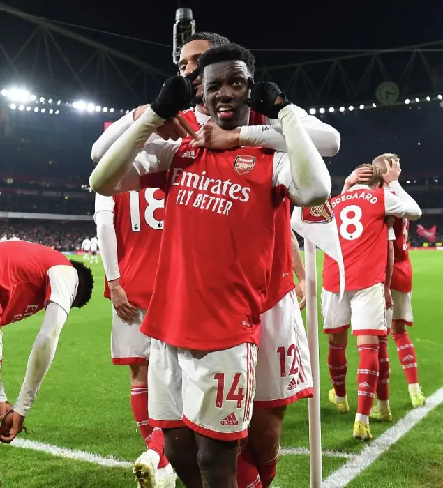 Framed Print : Arsenal's Nketiah and Saliba: Triumphing Over Manchester United in the 2022-23 Premier League