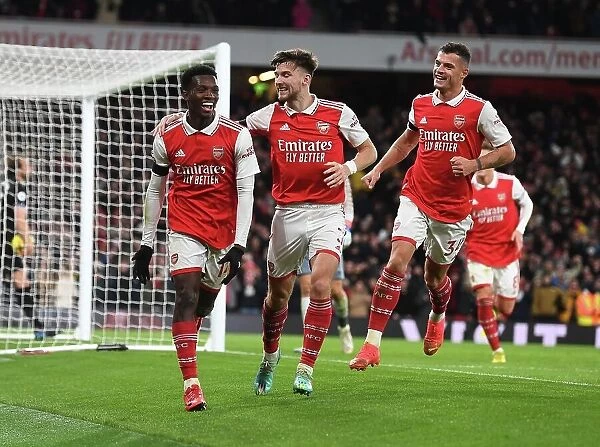 Arsenal's Nketiah Scores Hat-Trick: Celebrating with Tierney and Xhaka (2022-23)
