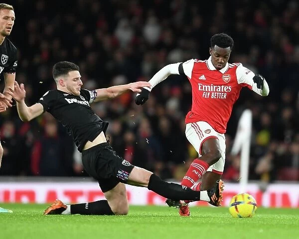 Arsenal's Nketiah Scores Past Rice in Arsenal v West Ham Premier League Clash (2022-23)