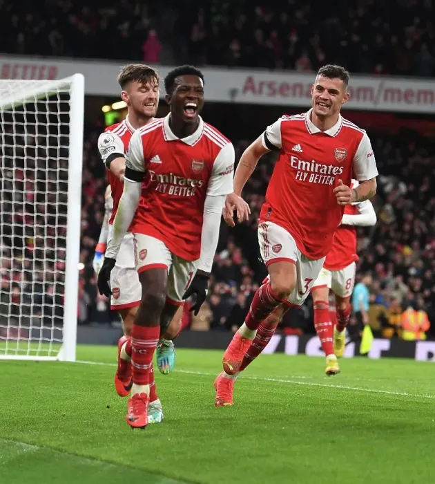 Framed Print : Arsenal's Nketiah Scores Second Goal: Tierney and Xhaka Celebrate Framed Print : Arsenal's Nketiah Scores Second Goal: Tierney and Xhaka Celebrate