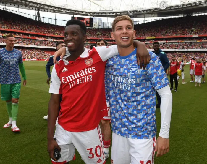Framed Print : Arsenal's Nketiah and Smith Rowe Celebrate Victory Over Everton in Premier League Showdown (2021-22)