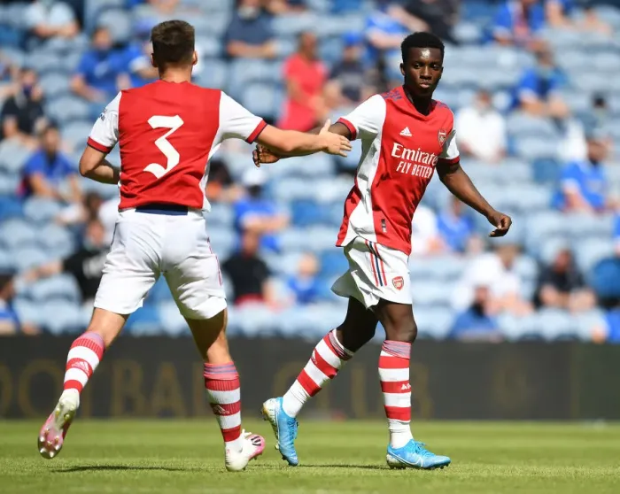 Framed Print : Arsenal's Nketiah and Tierney Celebrate Goals in Rangers Friendly
